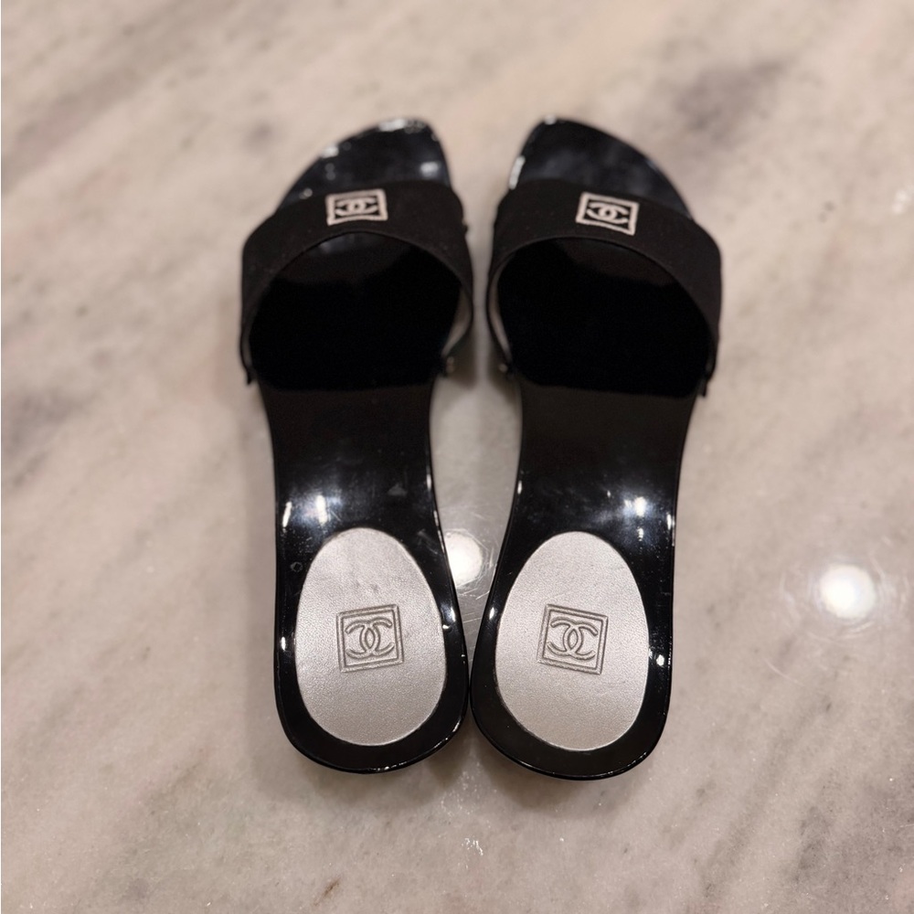 Chanel CC Logo Mules (Size 37) Black Wood Sole Authentic - Picture 6 of 8